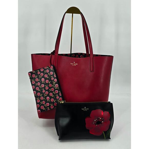 Kate Spade Arch Place Mya Reversible Tote Ooh La La Poppy Hilarie Cosmetic Bag - Picture 1 of 10
